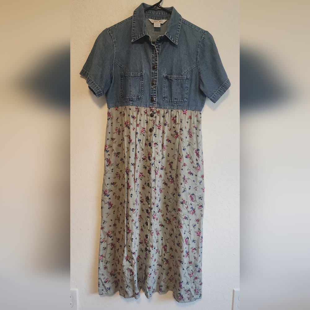 Cherokee Denim Bodice Floral Maxi Dress in Green and Cream